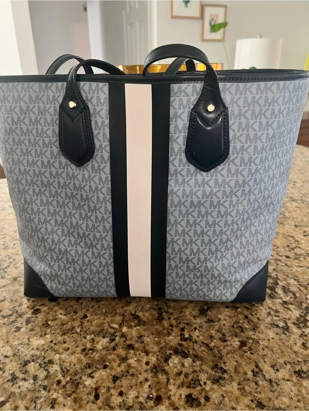 Michael Kors Gray, Black & White Signature Stripe Tote